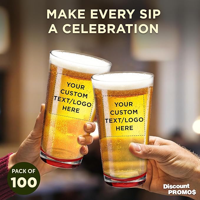 Custom Casale Pint Glass 16 oz. Set of 100, Personalized Bulk Pack - Beer Glasses, Heavy Duty Drinkware - Red