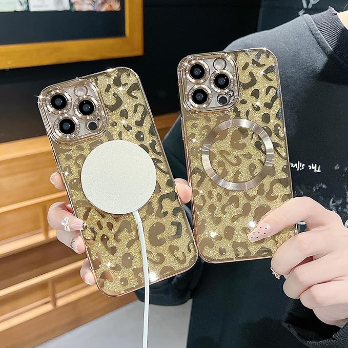 for iPhone 16 Pro Case Magnetic,Soft Cute Luxury Leopard Cheetah Pattern Plating Glitter Bling Phone Case Compatible with MagSafe Clear Shockproof Back Cover for Women Girl 6.3"-Gold