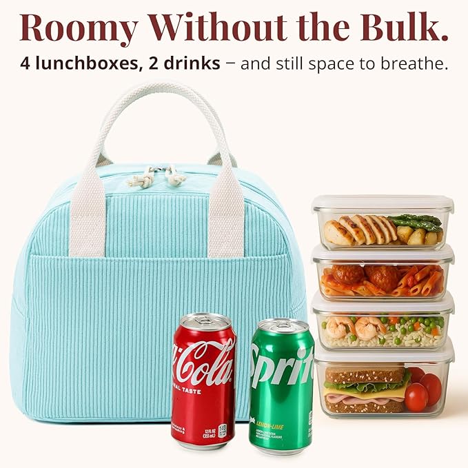 Insulated Lunch Bag for Women Men, Stylish Corduroy Tote Bag with Aluminum Lining, Large Capacity Reusable Cooler for Work, Travel, or Beach, Mint Blue Lunch Box