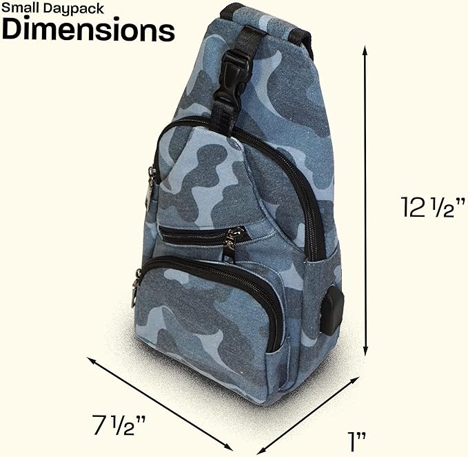 Anti-Theft Daypack Crossbody Sling Backpack, USB Charging Connector Port, Lightweight Day Pack for Travel, Hiking, Everyday, Regular, Light Blue