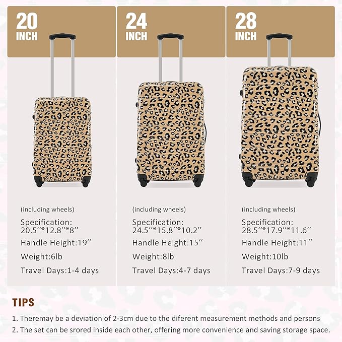 Merax Luggage Sets 3 Piece, Hardside Expandable Suitcase Set with Spinner Wheels, Lightweight Leopard Luggage 20+24+28 IN,Leopard Brown