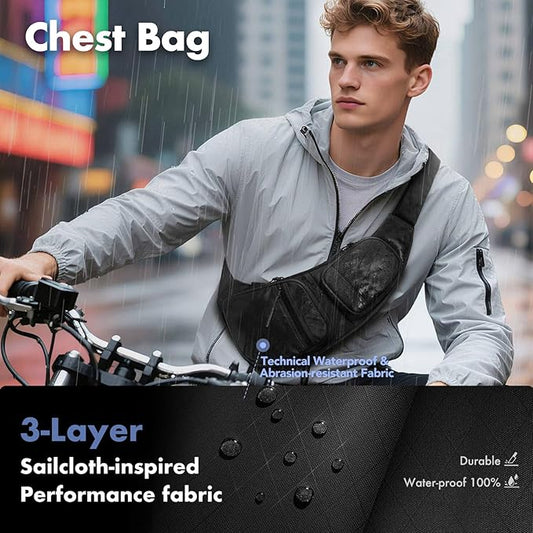 hk Sling Bag for Men with 3‑Layer Sailcloth‑Inspired Performance Fabric, Lightweight Waterproof Sling Bag for Men with Tablet Compartment, Crossbody Bag for men, Commuting, Black