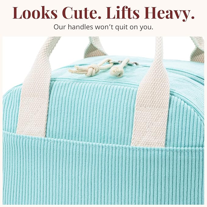 Insulated Lunch Bag for Women Men, Stylish Corduroy Tote Bag with Aluminum Lining, Large Capacity Reusable Cooler for Work, Travel, or Beach, Mint Blue Lunch Box