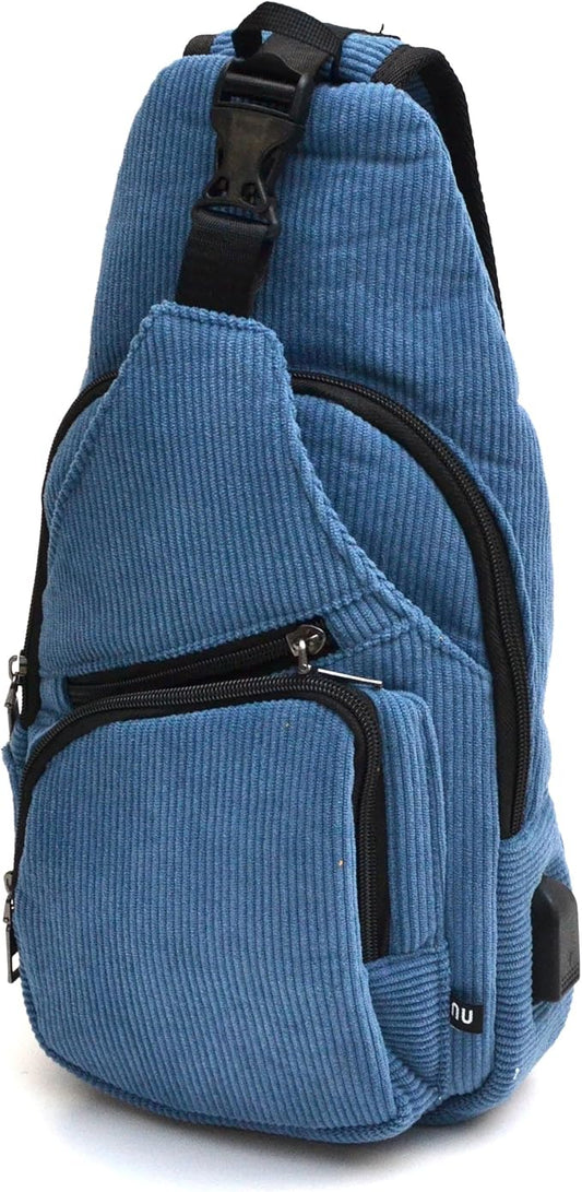 Anti-Theft Daypack Crossbody Sling Backpack, USB Charging, Lightweight Day Pack for Travel, Hiking, Everyday, Large, Cornflower Blue Corduroy