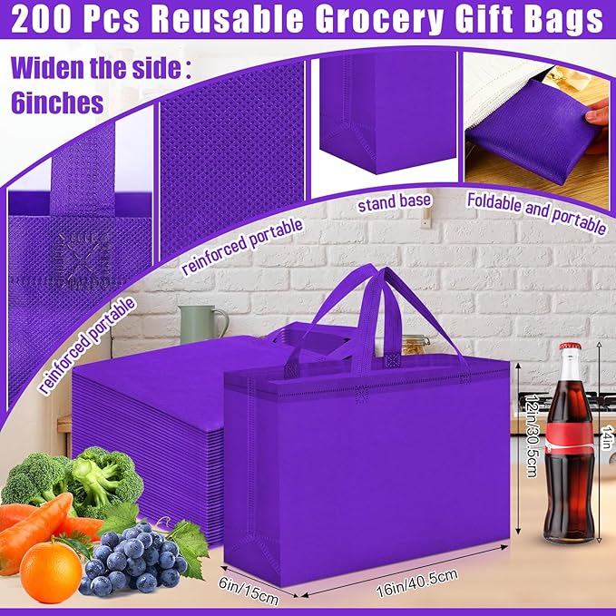 Windyun Reusable Grocery Bags Large Non Woven Shopping Bags with Handles Foldable Portable Tote Bulk, 16x6x12 Inch