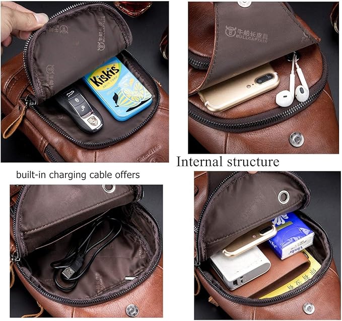 BULLCAPTAIN Genuine Leather Mens Sling Bag Multipurpose Travel Crossbody Chest Bag Daypacks with USB Charging Port (Brown)