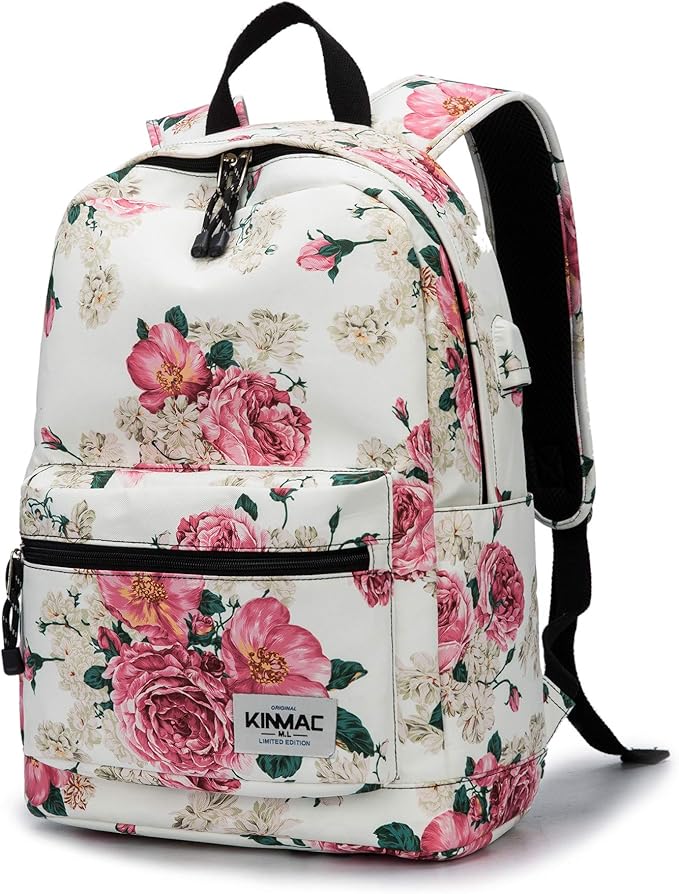 Kinmac Peony Pattern 15 inch Waterproof Laptop Travel Outdoor Backpack With USB Charging Port For 13 inch 14 inch and 15.6 inch Laptop