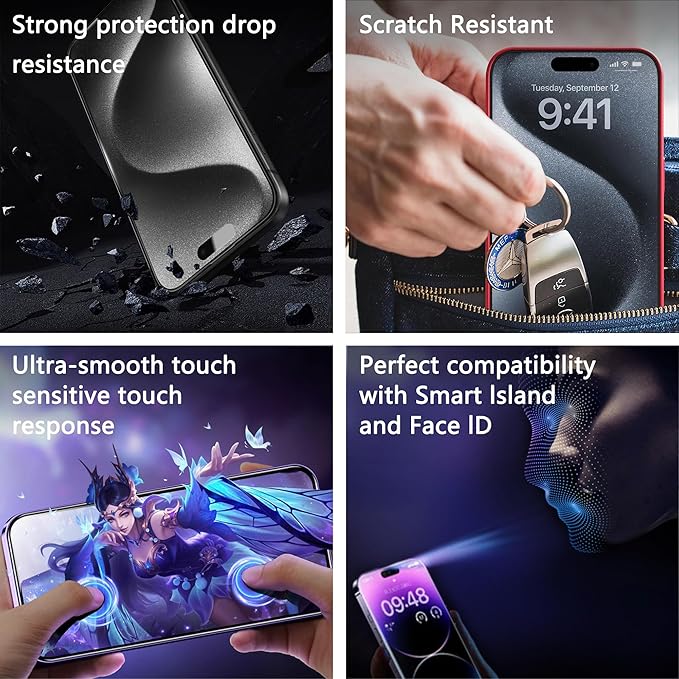 2 Pack Matte Screen Protector for iPhone 16 and 14 Pro 6.1-Inch Auto Dust Removal, No Bubbles, Tempered Glass Film, Easy Installation