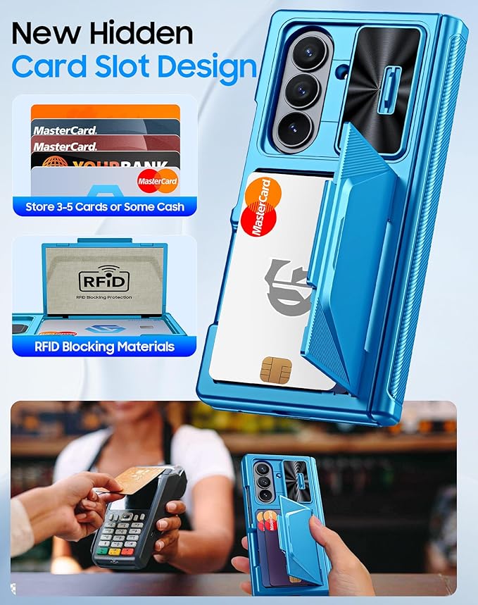 for Samsung Galaxy Z Fold 7 Case with Card Holder RFID Blocking, Built in Slide Lens Cover & Hinge Protection & Screen Protector, Shockproof Wallet Case for Z Fold 7 (Lake Blue)
