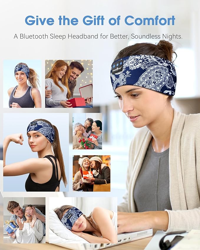 MUSICOZY Sleep Headphones Bluetooth Headband 5.4 Wireless Headband Headphones for Sleeping for Side Sleeper with Ultra-Thin HD Stero Speaker for Workout (Navy Blue)