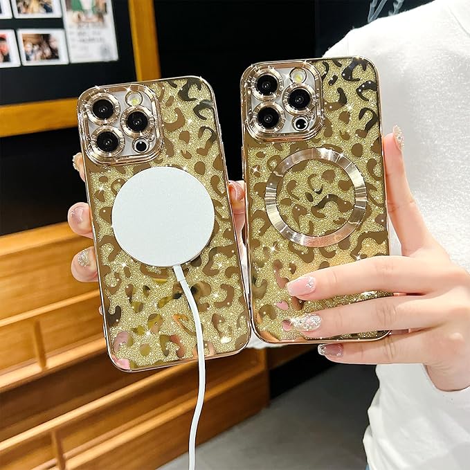 for iPhone 15 Pro Case Magnetic,Soft Cute Luxury Leopard Cheetah Pattern Plating Glitter Bling Phone Case Compatible with MagSafe Clear Shockproof Back Cover for Women Girl 6.1"-Gold