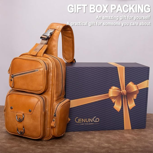 Genuine Leather Sling Bag for Men Large Crossbody Shoulder Bag Casual Sling Backpack Anti-Theft Travel Chest Purse