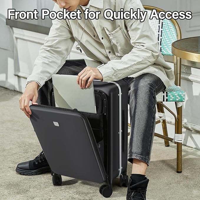 Hanke Grace Hard Shell Suitcases with Wheels,20 Inch Carry On Luggage Airline Approved with Aluminum Frame, Travel suitcase with Front Pocket Travel Luggage for Short Business Trips, Jet Black.