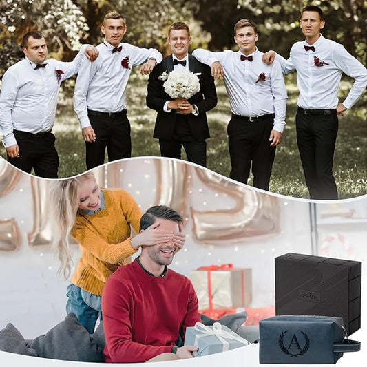 Personalized Gifts Travel Toiletry Bag for Men Engraved Initial PU Leather Waterproof Shaving Bag for Toiletries Accessories Fathers Day Birthday Gift for Men Dad Husband Son, Dark Blue A