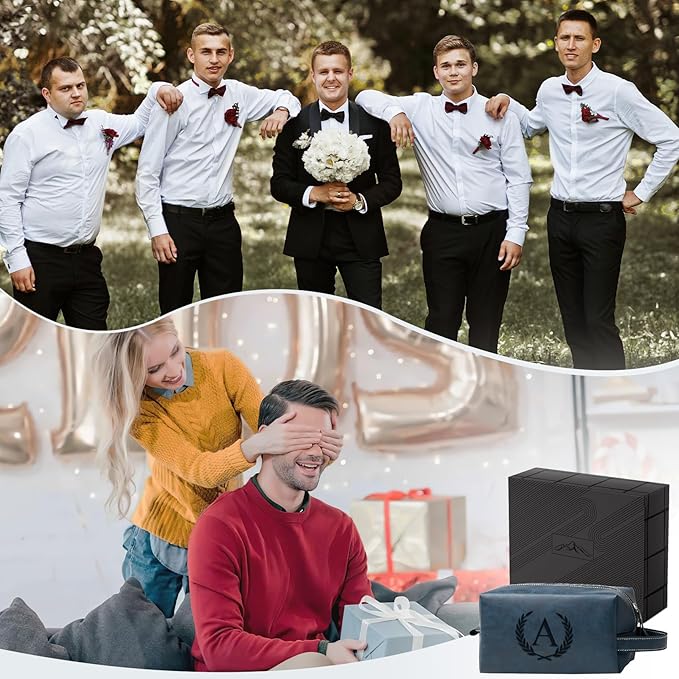 Personalized Gifts Travel Toiletry Bag for Men Engraved Initial PU Leather Waterproof Shaving Bag for Toiletries Accessories Fathers Day Birthday Gift for Men Dad Husband Son, Dark Blue V