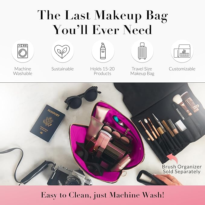 KUSSHI Washable Travel Makeup & Cosmetic Bag - Brush Organizer Sold Separately (Signature, Satin Black/Pink)