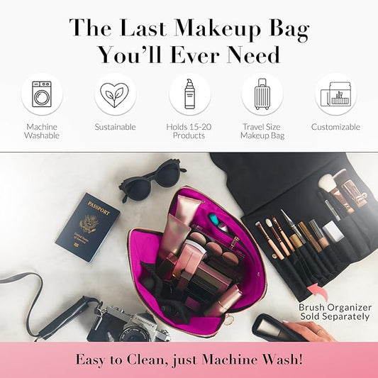 KUSSHI Washable Travel Makeup & Cosmetic Bag - Brush Organizer Sold Separately (Signature, Satin Black/Pink)