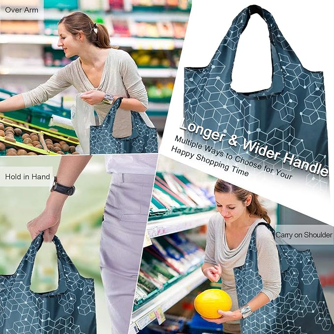 BeeGreen Geometry Reusable Grocery Bags Bulk 6 Packs X-Large, Reusable Shopping Bags Foldable for Groceries, Vegetables, Fruits Watertight Bulk Tote Bags Washable For Women and Men