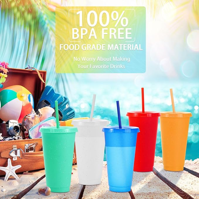 Honeydak 100 Pack Tumbler with Straw and Lid Bulk Glitter Plastic Cups Water Bottle Iced Coffee Travel Mug Reusable Party Favor Cups for Birthdays travel 24-27 oz (Vintage Color)