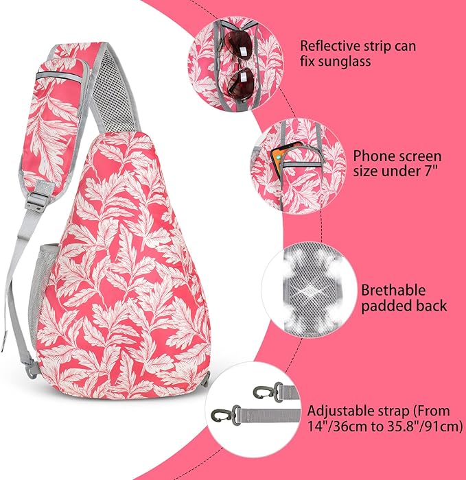 ZOMAKE Sling Bag,Small Crossbody Sling Backpack,Water Resistant Shoulder Daypack for Travel,Anti Thief Chest Bag for Hiking(Fushcia White Leaf)