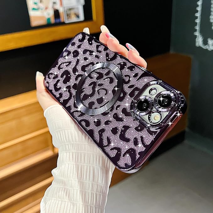 for iPhone 15 Case Magnetic,Soft Cute Luxury Leopard Cheetah Pattern Plating Glitter Bling Phone Case Compatible with MagSafe Clear Shockproof Back Cover for Women Girl 6.1"-Purple