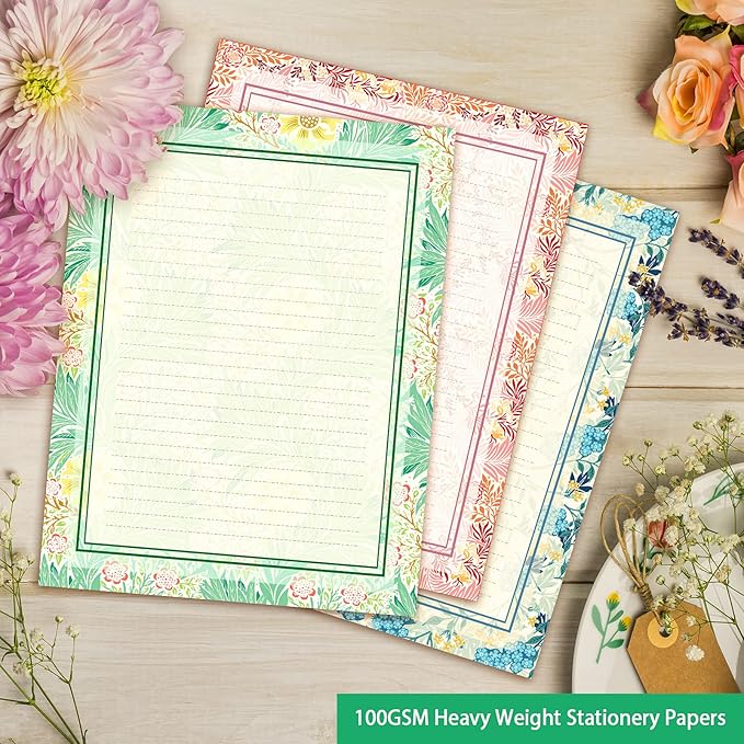 Anzon Mories 48 Pieces Vintage Morris Stationary Paper Set (Lined), Medieval Europe Pattern, Printer Friendly, Both Sides Printed, Writing Stationery US Letter Size 11 x 8.5 Inch, College Ruled