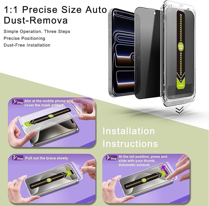 2 Pack Anti-Spy Privacy Screen Protector for iPhone 17 Pro (6.3-Inch),9H Tempered Glass,Full Coverage,Anti-Fingerprint,Auto Dust Removal,Bubble-Free,Easy Installation