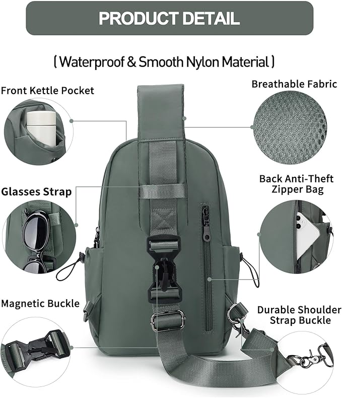 Small Green Sling Crossbody Backpack Shoulder Bag for Men Women - Mini One Strap Sling Bag Fanny Pack Daypack, Waterproof Nylon Chest Bag for Motorcycle Hiking Travel Gym Sport