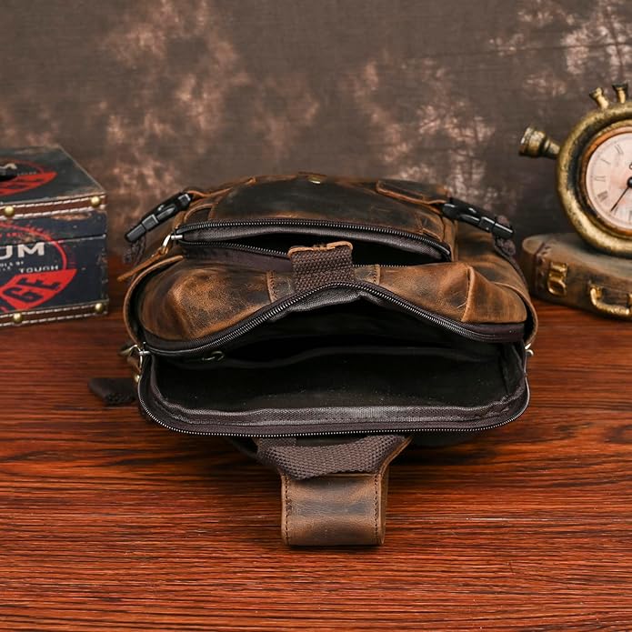 Thick Crazy horse Leather Triangle Crossbody Sling Chest Bag Travel One Shoulder Bag Daypack For Men Male 3028