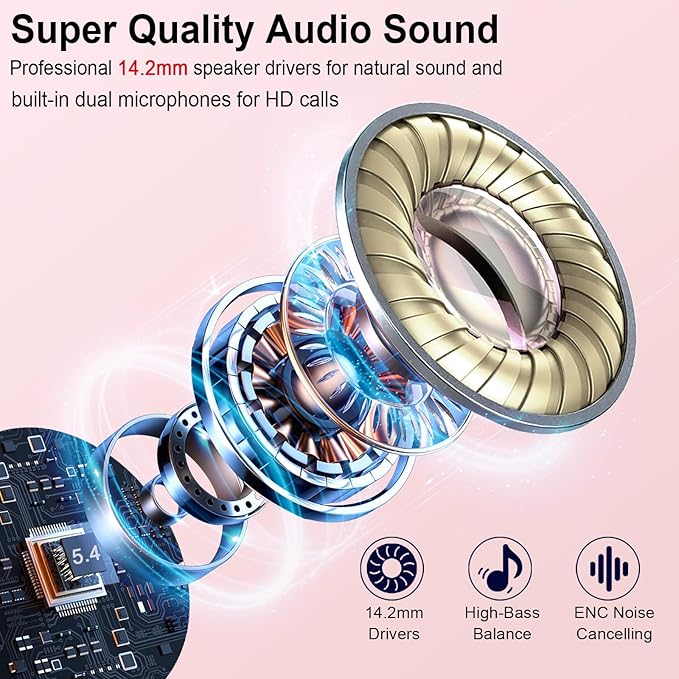 Wireless Earbuds Bluetooth 5.4 with 4 ENC Microphones, 30H Playtime USB-C Charging Case, Hi-Fi Stereo Sound, IP7 Waterproof & Ultra-Mini 3g Design for iPhone Android Gym Running, 2025 Upgraded