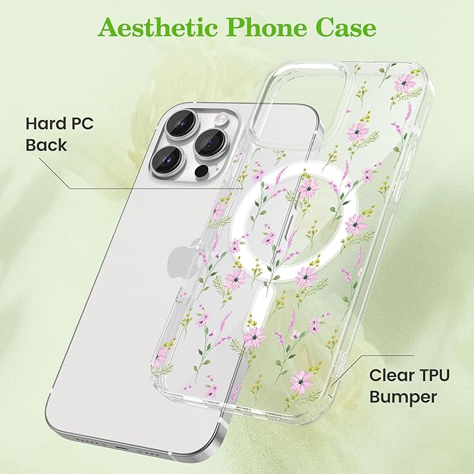 ZTOFERA for iPhone 14 Pro Magnetic Case Compatible with Magsafe,Aesthetic Floral Pattern Design Cute for Girl Women,Anti-Drop Protective Hard Phone Cover for iPhone 14 Pro-Pink Flower