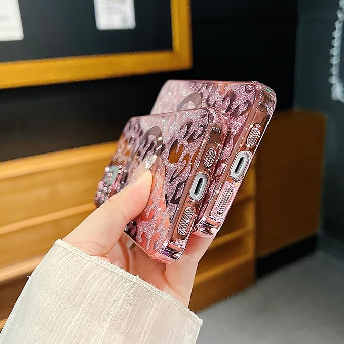 for iPhone 12 Case Magnetic,Soft Cute Luxury Leopard Cheetah Pattern Plating Glitter Bling Phone Case Compatible with MagSafe Clear Shockproof Back Cover for Women Girl 6.1"-Pink