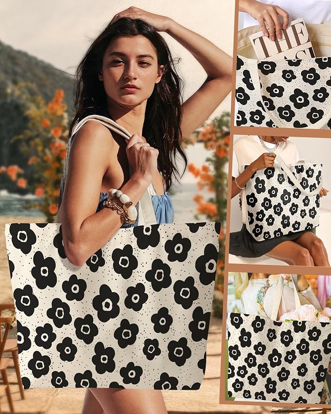 Large Tote Bag for Women - Canvas Tote Bag with Zipper Aesthetic Reusable Shoulder Bag for Gym, Travel, Work