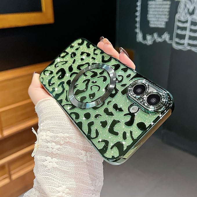 for iPhone 16 Case Magnetic,Soft Cute Luxury Leopard Cheetah Pattern Plating Glitter Bling Phone Case Compatible with MagSafe Clear Shockproof Back Cover for Women Girl 6.1"-Green