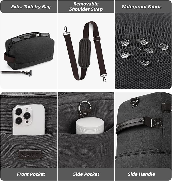 ZOMFELT Travel Duffle Bag for Men, 45L Waterproof Canvas Overnight Duffel Bag with Removable Dividers & Shoe Compartment, Carry On Weekender Gym bag, Multi-Pocket & Vintage Design (Washed Black)
