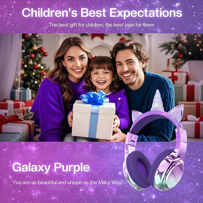 QearFun Kids Unicorn Bluetooth Headphones, 60H Playtime, 74/85/94dB Safe Volume Limit, Metallic Gradient Wireless Headset with Mic, Fast Charging, Foldable, Wired Mode for Girls School/Tablet/Travel