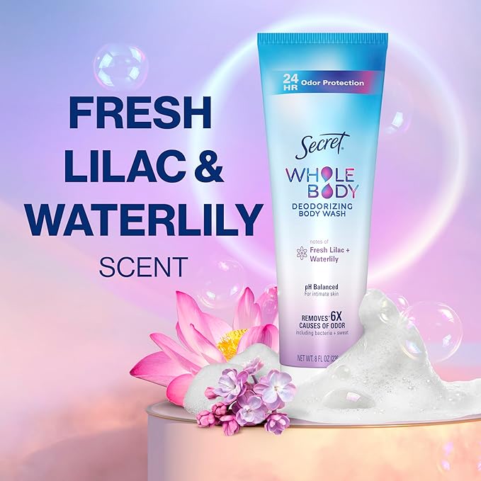Secret Feminine Wash, 24 HR Deodorizing Feminine Body Wash for Women, Removes 6x Causes of Odor, PH Balanced, Safe to Use Everywhere, Lilac & Waterlily Scent, 8.0 oz