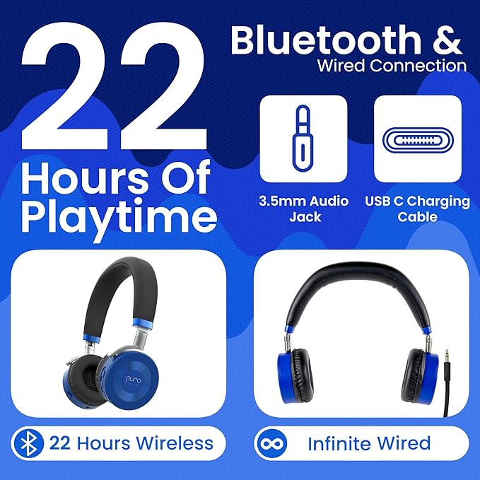Puro Sound Labs JuniorJam Plus Volume-Limiting Wireless Bluetooth Headphones for Kids, Secure Audio with Adjustable On-Ear Design, 22-Hour Battery, Ideal for Tablets, Smartphones & PCs - Blue