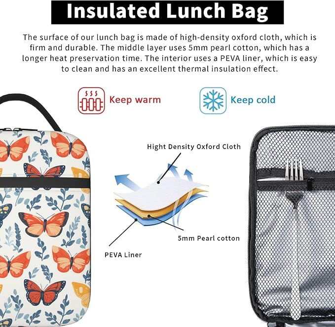 Butterfly Lunch Box for Women Kids Girls Men Insulated Lunch Bag Lunchbox Adults Lunch Tote Bags Reusable Cooler for Work Office School Picnic Travel
