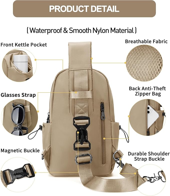 Sling Backpack bag for Men Khaki, Tactical BackpackSmall One Strap Daypack, Mini Anti-Theft Cross Body Motorcycle Chest Bags, Satchel Bag for Casual Travel Hiking Outdoor Sports Gym