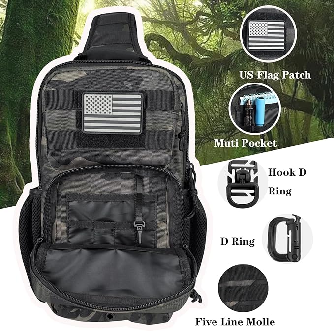 Tactical Shoulder Sling Bag, Small Chest Pack, 13L Backpack for Men Outdoor Sports, Black Camo