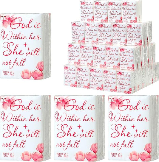 Yinder 100 Pack Christian Pocket Tissues Bible Verse Travel Size Tissue Packs 3 Ply God Is Within Her Facial Paper Gifts for Women Graduation Wedding Religious Party Breast Cancer Awareness Favors