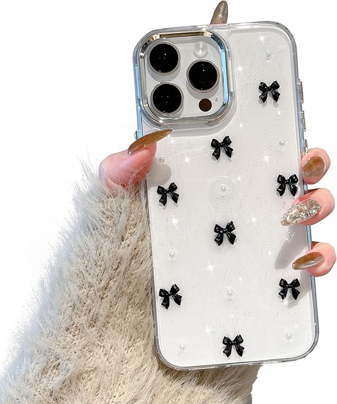 EYZUTAK Case for iPhone 16 Pro Max, Bling Glitter 3D Bowknot Phone Case Cute Sparkly Crystal Clear Bow Aesthetic Design Case Slim Soft Durable TPU Transparent Protective Cover for Women Girl-Black Bow