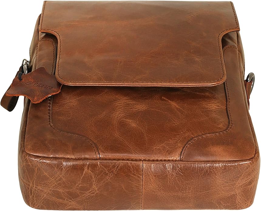 Pitaara Genuine Leather Crossbody Messenger Bag with Front Flap, Unisex, Full Grain Leather Shoulder Travel Bag, Tablet Bag