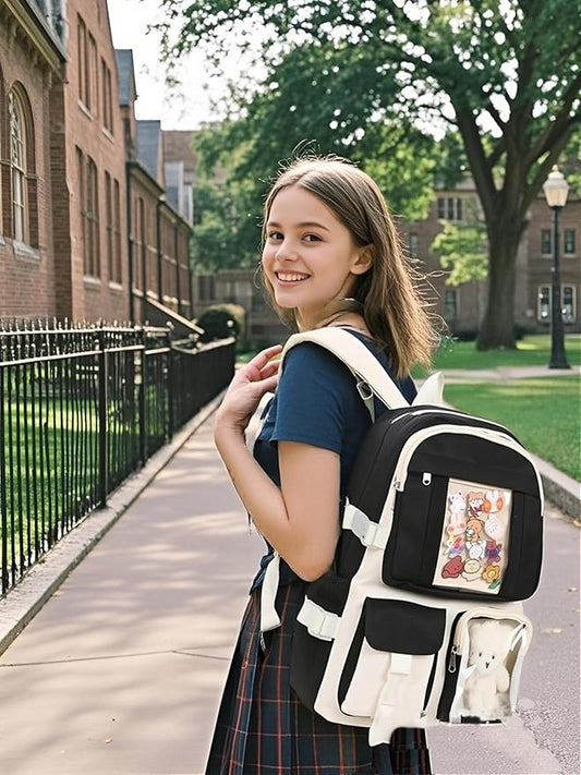 Kawaii Backpack for Teen Girls, Cute Aesthetic High Middle School College Bookbag with Accessories,Black and White