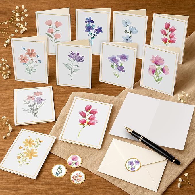 30 Pack Blank Cards and Envelopes - 4 x 6 Inch Floral Greeting Cards for Encouragement, Stationery Set for All Occasions, Blank Note Cards with 10 Unique Designs