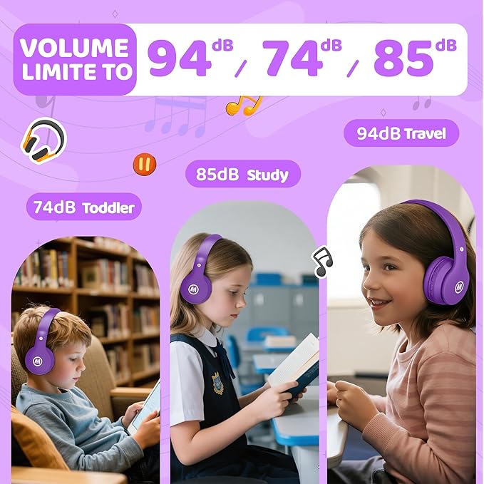 Headphones Kids Bluetooth 5.4 Wireless Play Time 68H Safe Volume Limit 85/94dB Over-Ear Foldable Headset,Fast Charging,with Aux Cord Built-in Mic for Toddler Child Pad Study Tablet Purple