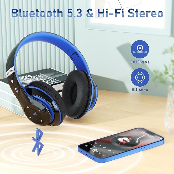 Bluetooth Headphones Over Ear, 6S Foldable Wireless Headphones with 6 EQ Modes, 40 Hours Playtime HiFi Stereo Headset with Mic, Soft Ear Pads, TF/FM for Cellphone/PC/Home (Black & Blue)