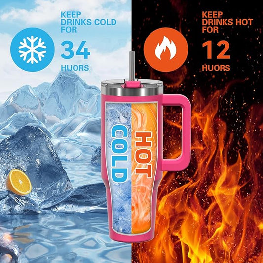 40 oz Tumbler with Handle,Tumbler with Lid and Straw,Double Wall Insulated Cup Stainless Steel Travel Mug(Cold for 34 Hours),Water Bottle for Iced Tea,Coffee,Cold Beverages(Gloss Pink)
