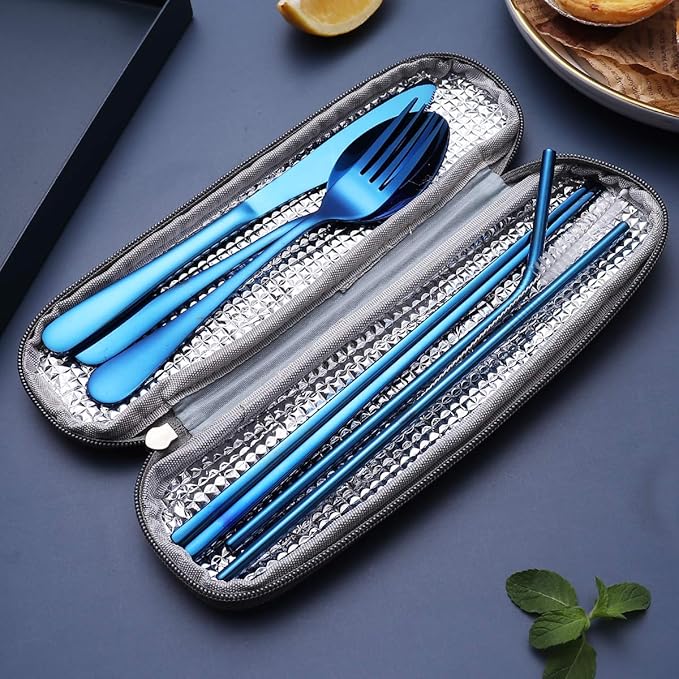 Portable Stainless Steel Flatware Set, Travel Camping Cutlery Set, Portable Utensil Travel Silverware Dinnerware Set with a Waterproof Case (Blue)